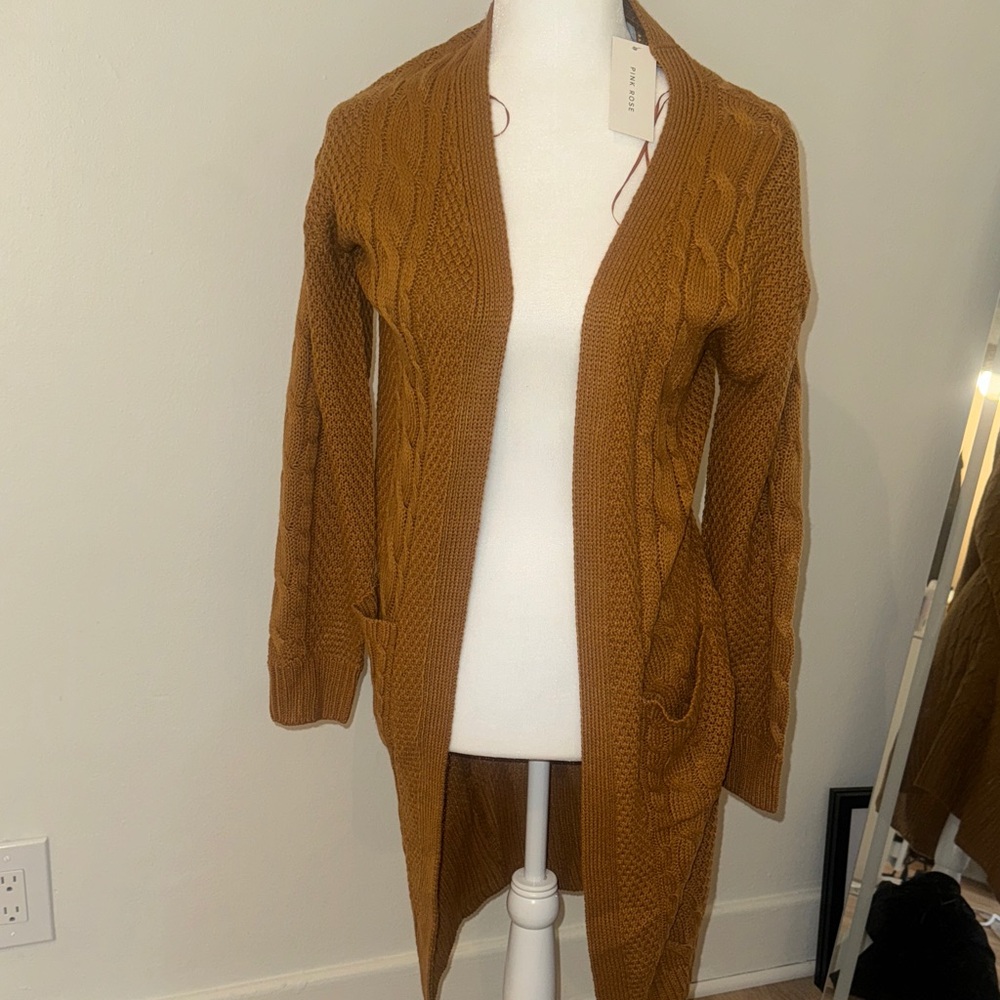 Pink Rose Mustard Cable Knit Cardigan